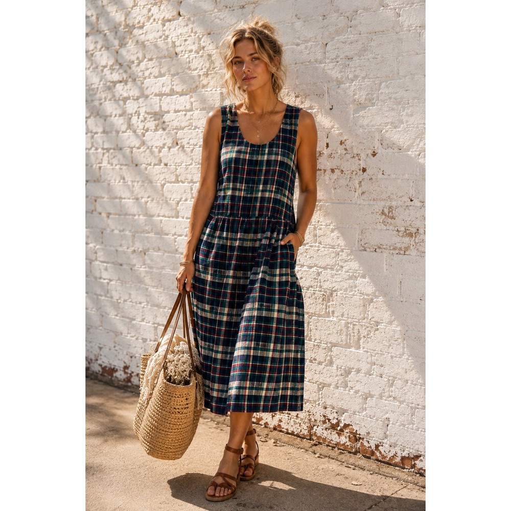 Vintage Bryn Connelly Green Plaid Cotton Jumper Dress School Teacher Midi M